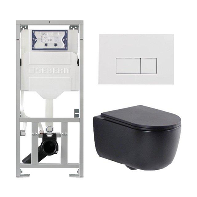 QeramiQ Dely Swirl Toiletset - 36.3x51.7cm - Geberit UP320 inbouwreservoir - met Burda frame - slimzitting - glans witte bedieningsplaat - rechthoekige knoppen - mat zwart