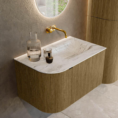 Mondiaz KURVE-DLUX Badkamermeubelset - 75x46x40cm - 1 lade - 1 deur - wastafel solid surface - rechts - zonder kraangat - Dusk