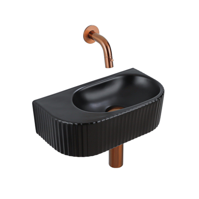 QeramiQ Fuente Ensemble de Lavabo - 40x21.5x12cm - strié - demi-rond - céramique - ensemble de robinet en cuivre brossé - bouchon de vidange - siphon abaissé - noir mat