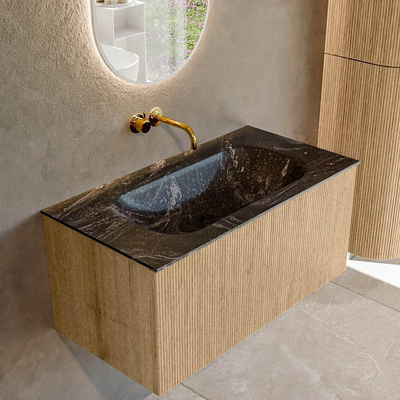 MONDIAZ KURVE-DLUX 90cm badmeubel kleur Oak met 1 lade. Wastafel BIG SMALL midden zonder kraangat kleur Lava.