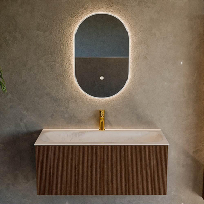 MONDIAZ KURVE-DLUX 100cm badmeubel kleur Walnut met 1 lade en 0 deuren. Wastafel BIG MEDIUM Midden 1 kraangat Meli.