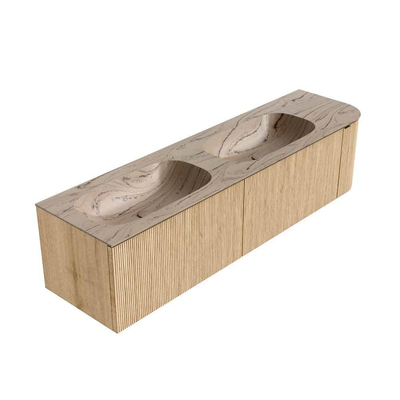 MONDIAZ KURVE-DLUX 175cm badmeubel ronding Rechts kleur Oak met 2 lades en 1 deur. Wastafel STOR SMALL Dubbel / Links zonder kraangat Arena.