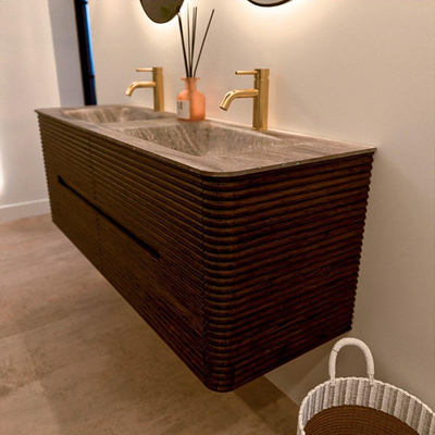 Mondiaz CIRO-DLUX Badkamermeubelset - 140x45x50cm - Solid surface wastafel Oza - 2 wasbak Dubbel - 2 kraangaten - 4 lades - Walnut