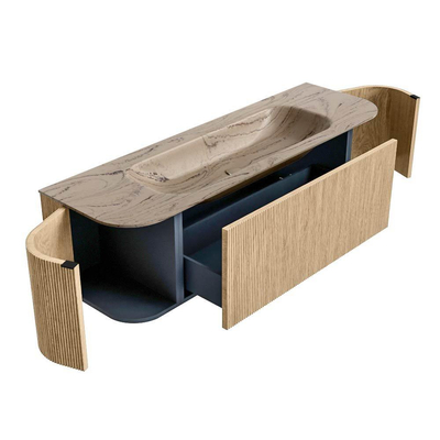MONDIAZ KURVE-DLUX Meuble de salle de bains 150cm arrondi Gauche + Droite couleur Chêne avec 1 tiroir et 2 portes. Lavabo BIG MEDIUM Central sans trou de robinet Arena.