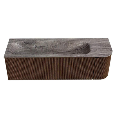 MONDIAZ KURVE-DLUX 145cm badmeubel ronding Rechts kleur Walnut met 1 lade en 1 deur. Wastafel BIG LARGE Links zonder kraangat Oza.