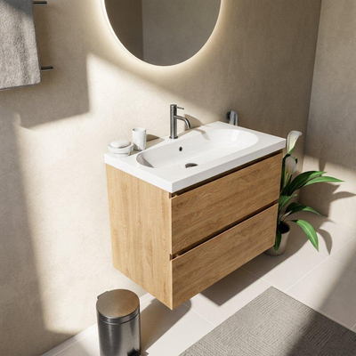 Saniclass Holz Pure Ensemble de meubles de salle de bains - 80x45x63.5cm - Lavabo en céramique Palermo blanc - 1 vasque - 1 trou de robinet - 2 tiroirs - chêne natural mat (bois)