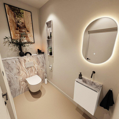 MONDIAZ TURE-DLUX Meuble de toilette 40 cm Talc. EDEN lavabo Glace position à droite. Sans trou de robinet.