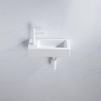 QeramiQ Fuente pack lave-mains – 37,5 x 18,5 x 9 cm – céramique blanc brillant – perçage à gauche – robinet blanc mat