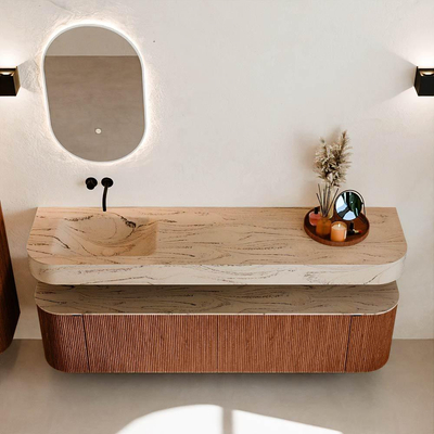 MONDIAZ THOR-DLUX Meuble de salle de bains 180cm arrondi gauche + droite couleur Ruby avec 2 tiroirs et 2 portes. Vasque suspendue CLOUD Gauche sans trou de robinet couleur Arena.