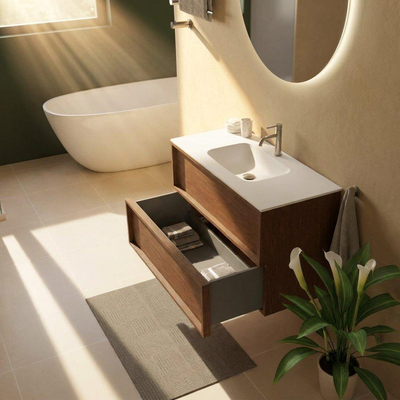Saniclass Holz Frame Ensemble meuble de salle de bains - 100x45x61.5cm - Lavabo Flow en solid surface blanc - 1 vasque - 1 trou de robinetterie - 2 tiroirs - walnut pure mat (bois)