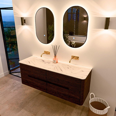 Mondiaz CIRO-DLUX Meuble de salle de bains - 140x45x50cm - Plan vasque solid surface Nata - 2 vasques Double - sans trous de robinetterie - 4 tiroirs - Noyer