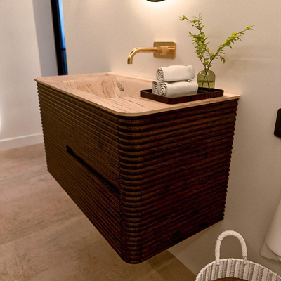 Mondiaz CIRO-DLUX Badkamermeubelset - 90x45x50cm - Solid surface wastafel Arena - 1 wasbak Midden - zonder kraangaten - 2 lades - Walnut