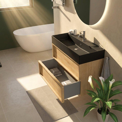 Saniclass Holz Frame Ensemble meuble de salle de bains - 100x45x72cm - lavabo Legend en céramique noir mat - 1 vasque - 1 trou de robinetterie - 2 tiroirs - chêne natural mat (bois)