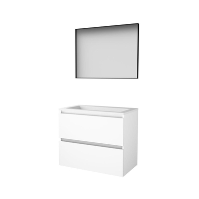 Basic-Line Framed 46 badkamermeubelset - 80x46cm - greeploos - 2 lades - acryl wastafel - 0 kraangaten - Spiegel - mat zwart aluminium frame - rondom - MDF lak Ice White