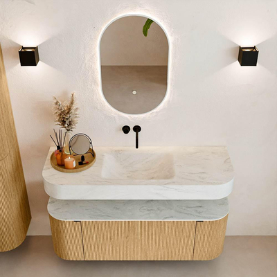 MONDIAZ THOR-DLUX 130cm badmeubel ronding links + rechts kleur Oak met 1 lade en 2 deuren. Vrijhangende wastafel CLOUD Midden zonder kraangat kleur Opalo.
