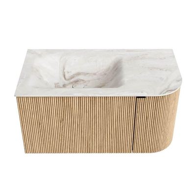 MONDIAZ KURVE-DLUX meuble de salle de bains 85cm avec module 25 R couleur Oak avec 1 tiroir et 1 porte. Lavabo CLOUD gauche sans trou de robinet couleur Frappe.