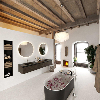 MONDIAZ BUKLA 200cm meuble de salle de bain avec module 40 couleur Marron Foncé avec 3 tiroirs. Lavabo CLOUD double 2 trous de robinet couleur Urban.