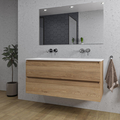 Saniclass Chaci Ensemble meuble de salle de bains - 120x46x55cm - lavabo en céramique blanc - 2 vasques - sans trous de robinet - 2 tiroirs - miroir rectangulaire - chêne