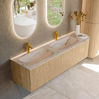 MONDIAZ KURVE-DLUX 165cm meuble de salle de bains arrondi Droite couleur Oak avec 2 tiroirs et 1 porte. Lavabo STOR SMALL Double / Gauche 2 trous de robinet Nata.