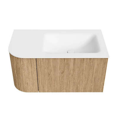 MONDIAZ KURVE 85cm Meuble salle de bain avec module 25 G - couleur Oak - 1 tiroir - 1 porte - vasque CLOUD droite - sans trous de robinet - Talc