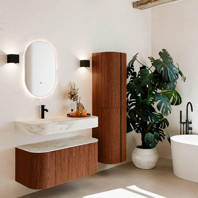 MONDIAZ THOR-DLUX 100cm meuble de salle de bains arrondi gauche + droite couleur Ruby avec 1 tiroir et 2 portes. Vasque suspendue CLOUD Gauche 1 trou de robinet couleur Ostra.