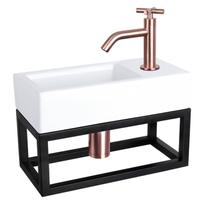 Differnz Ravo kit lave-mains - 38.5x18.5x25cm - Rectangulaire - 1 trou de robinet - Robinet en cuivre courbé - avec cadre noir - poignée croix - Céramique Blanc