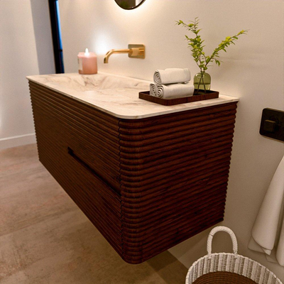 Mondiaz CIRO-DLUX Badkamermeubelset - 110x45x50cm - Solid surface wastafel Frappe - 1 wasbak Links - zonder kraangaten - 2 lades - Ruby