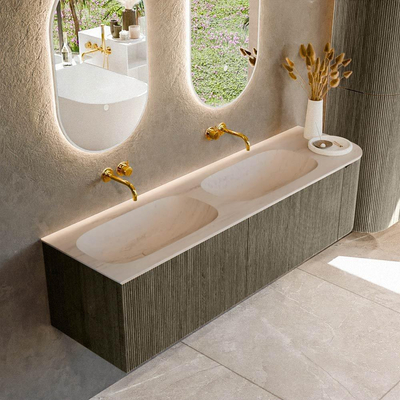 MONDIAZ KURVE-DLUX 165cm meuble de salle de bains arrondi Droite couleur Shadow avec 2 tiroirs et 1 porte. Lavabo STOR SMALL Double / Gauche sans trou de robinet Meli.