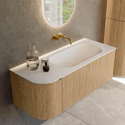 MONDIAZ KURVE Meuble de salle de bains 115 cm avec module 25 L couleur Oak avec 1 tiroir et 1 porte. Lavabo BIG SMALL à droite sans trou de robinet Talc.