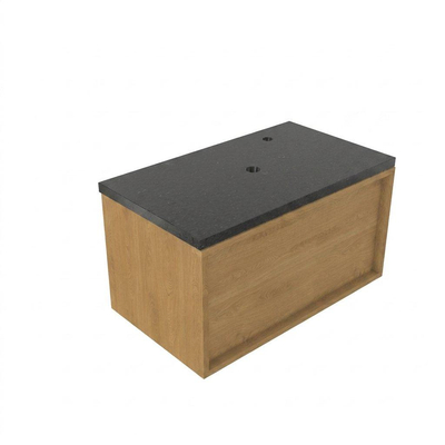 Saniclass Holz Frame Ensemble meuble de salle de bains - 80x45x43cm - plan vasque en basalte Noche poli (noir) - 1 trou de robinetterie - 1 tiroir - chêne natural mat (bois)