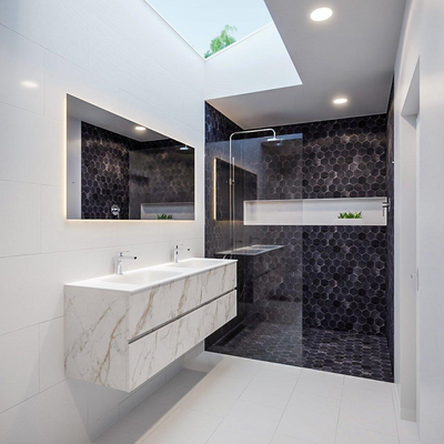 MONDIAZ VICA Badkamermeubelset - 150cm - 4 lades - wasbak Cloud dubbel - 2 kraangaten - solid surface carrara marmer