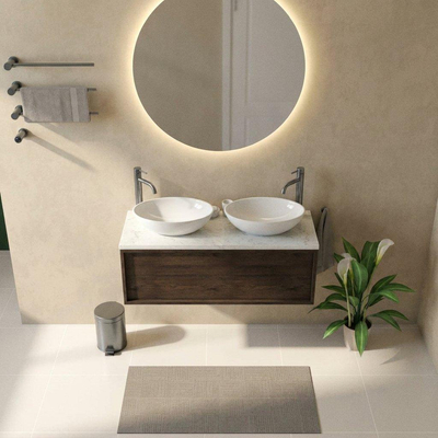 Saniclass Holz Frame Ensemble meuble de salle de bains - 120x45x43cm - Plan vasque en marbre Dia poli (blanc) - 2 trous de robinetterie - 1 tiroir - chêne charcoal mat (bois)