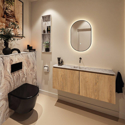 MONDIAZ TURE-DLUX Meuble toilette - 120cm - Washed Oak - EDEN - vasque Glace - position centrale - sans trou de robinet