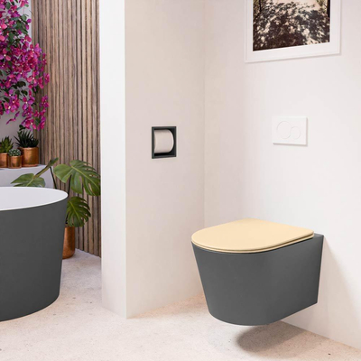 Mondiaz LAVIE hangtoilet – spoelrandloos – 36 x 53 cm – met softclose zitting – Dark grey (grijs), zitting Sand (beige)