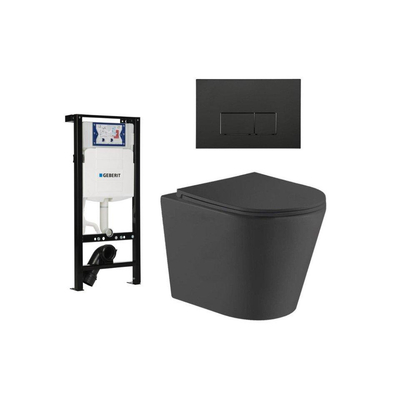 QeramiQ Dely Toiletset - 36.3x51.7cm - diepspoel - rimless - Geberit UP320 plieger inbouwreservoir - softclose toiletzitting - mat zwarte bedieningsplaat - rechtehoekige knoppen - mat zwart