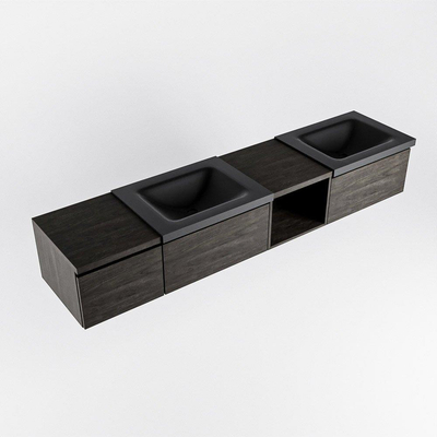 MONDIAZ BUKLA 200cm ensemble de meuble avec module ouvert 40 à droite couleur Marron Foncé avec 3 tiroirs. Lavabo CLOUD double 2 trous de robinet couleur Urban.