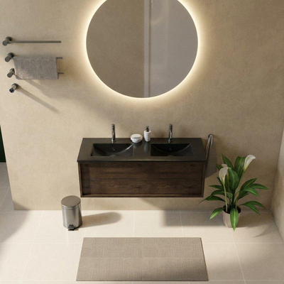 Saniclass Holz Frame Ensemble meuble de salle de bains - 120x45x42cm - lavabo Vygo en céramique noir - 2 vasques - 2 trous de robinetterie - 1 tiroir - chêne charcoal mat (bois)