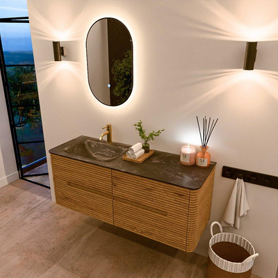 Mondiaz CIRO-DLUX Ensemble de meubles de salle de bains - 130x45x50cm - vasque solid surface Lava - 1 lavabo à gauche - 1 trou de robinet - 4 tiroirs - Chêne
