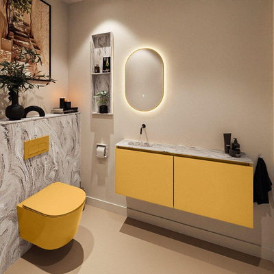 MONDIAZ TURE-DLUX meuble WC 120 cm Ocher. EDEN lavabo Glace position gauche. Sans trou de robinet.