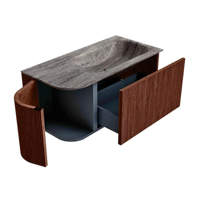 MONDIAZ KURVE-DLUX Meuble de salle de bains 95cm arrondi à gauche couleur Ruby avec 1 tiroir et 1 porte. Lavabo BIG SMALL à droite 1 trou de robinet Oza.