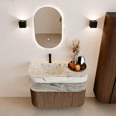 MONDIAZ THOR-DLUX 100cm badmeubel ronding links + rechts kleur Walnut met 1 lade en 2 deuren. Vrijhangende wastafel CLOUD Links 1 kraangat kleur Glace.
