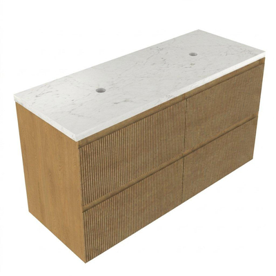 Saniclass Holz Atelier Ensemble meuble de salle de bains - 120x45x63cm - Plan vasque en marbre Dia poli (blanc) - sans trou de robinetterie - 2 tiroirs - chêne natural mat (bois)