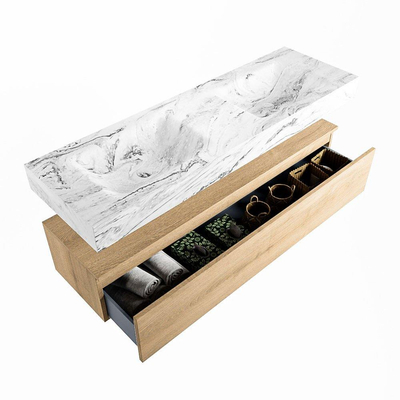 Mondiaz ALAN-DLUX Ensemble de meuble - 150cm - meuble Washed Oak mat - 1 tiroir - Lavabo Cloud Glace suspendu - vasque Gauche et droite - 0 trous de robinet