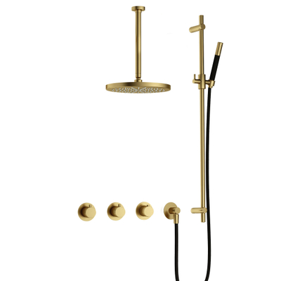 Hotbath Cobber IBS70 Regendoucheset - inbouw - 30cm plafondarm - 30cm ronde hoofddouche - staafhanddouche - glijstang - PVD - geborsteld messing (goud)
