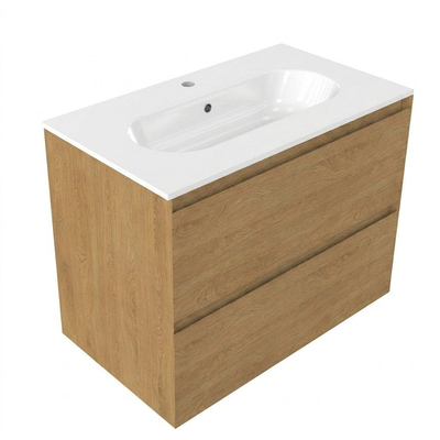 Saniclass Holz Pure Ensemble de meubles de salle de bains - 80x45x73.9cm - lavabo Chaci en céramique blanc - 1 vasque - 1 trou de robinetterie - 2 tiroirs - chêne natural mat (bois)