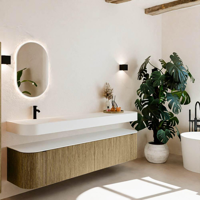 MONDIAZ THOR Meuble de salle de bains 200cm arrondi gauche + droite couleur Dusk avec 2 tiroirs et 2 portes. Vasque suspendue CLOUD Gauche 1 trou de robinet couleur Talc.