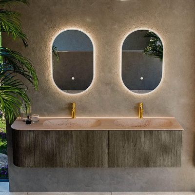 MONDIAZ KURVE-DLUX 175cm meuble de salle de bains arrondi à gauche couleur Shadow avec 2 tiroirs et 1 porte. Lavabo STOR SMALL Double / Droite 2 trous de robinet Saba.