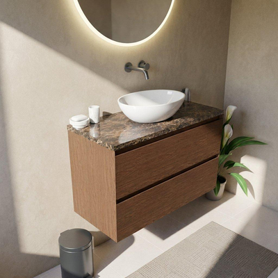 Saniclass Holz Pure Ensemble de meubles de salle de bains - 100x45x63cm - Plan en pierre naturelle Noche dark emperador - sans trou de robinetterie - 2 tiroirs - noyer pure mat (bois)