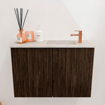 Mondiaz JOYA-DLUX 60cm toiletmeubel - kleur Walnut - Wastafel FAYE positie Rechts 1 kraangat kleur Ostra.
