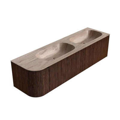 MONDIAZ KURVE-DLUX Meuble de salle de bains 165cm arrondi à gauche couleur Walnut avec 2 tiroirs et 1 porte. Lavabo STOR SMALL Double / À droite sans trou de robinet Saba.